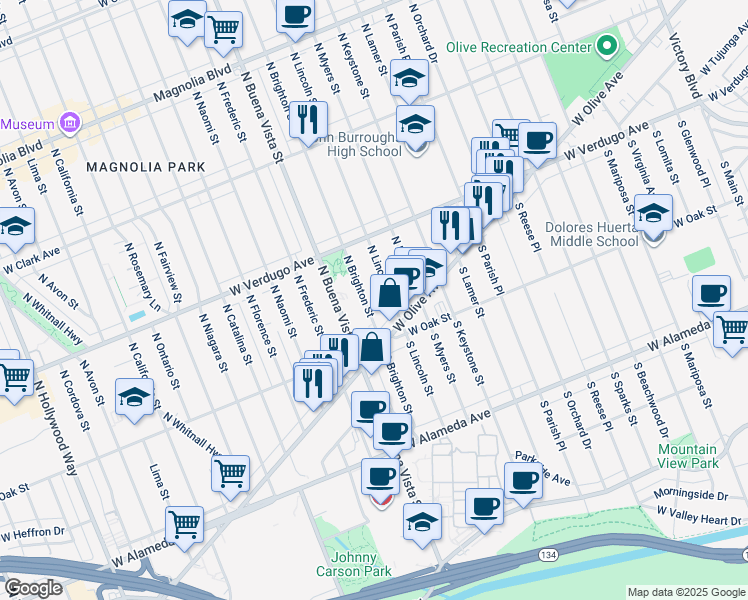 map of restaurants, bars, coffee shops, grocery stores, and more near 142 North Brighton Street in Burbank