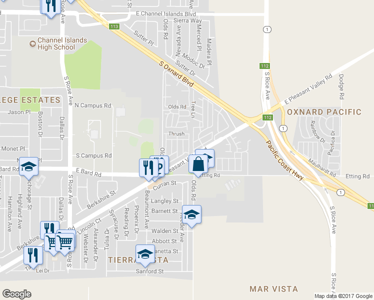 map of restaurants, bars, coffee shops, grocery stores, and more near 2177 Robin Avenue in Oxnard