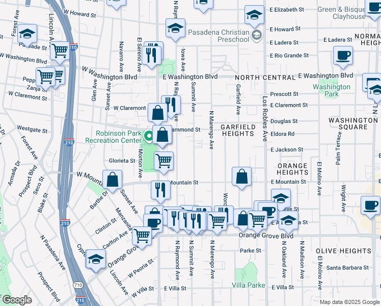map of restaurants, bars, coffee shops, grocery stores, and more near 1027 North Summit Avenue in Pasadena