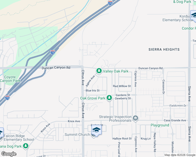map of restaurants, bars, coffee shops, grocery stores, and more near 5049 River Ash Way in Fontana