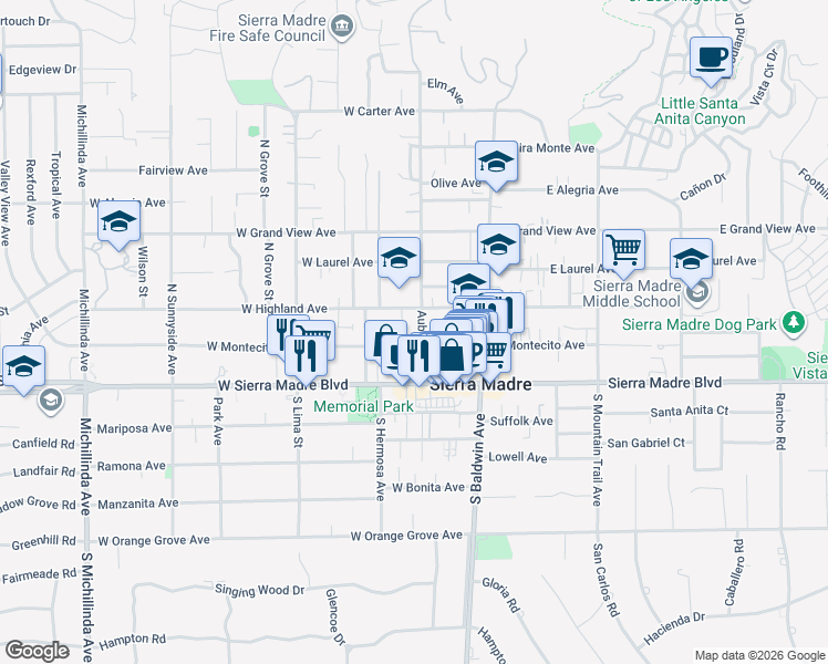 map of restaurants, bars, coffee shops, grocery stores, and more near 87 Auburn Avenue in Sierra Madre