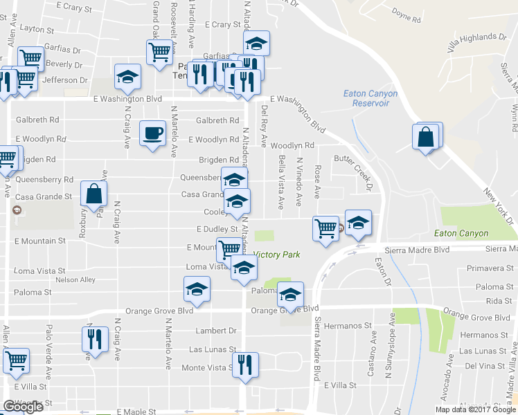map of restaurants, bars, coffee shops, grocery stores, and more near 1007 Del Rey Avenue in Pasadena