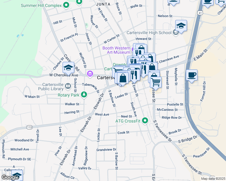 map of restaurants, bars, coffee shops, grocery stores, and more near 178 West Main Street in Cartersville