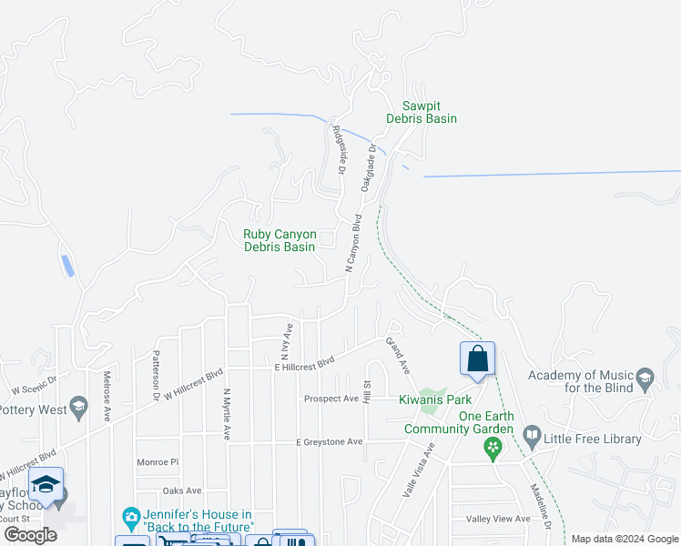 map of restaurants, bars, coffee shops, grocery stores, and more near 253 Canyon Crest Drive in Monrovia