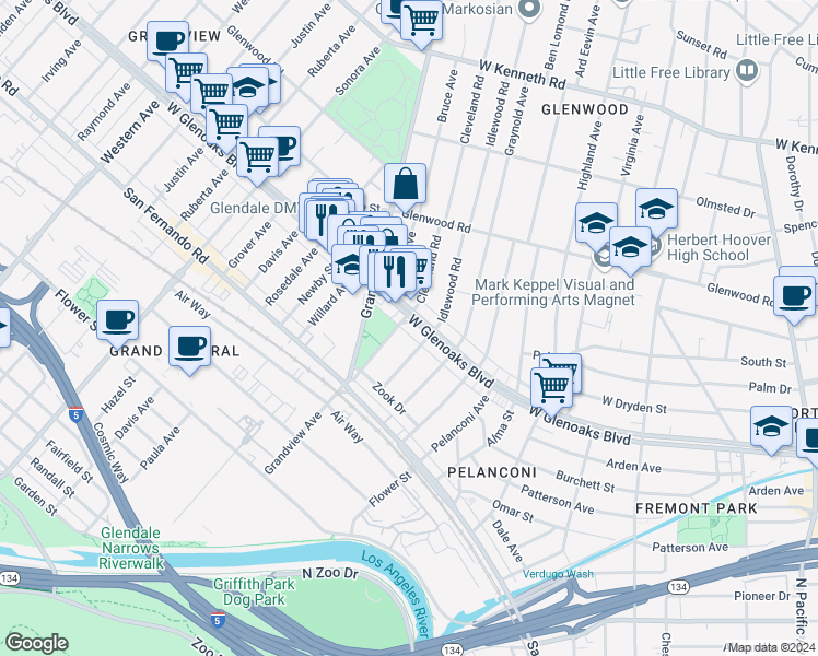 map of restaurants, bars, coffee shops, grocery stores, and more near 1042 West Glenoaks Boulevard in Glendale