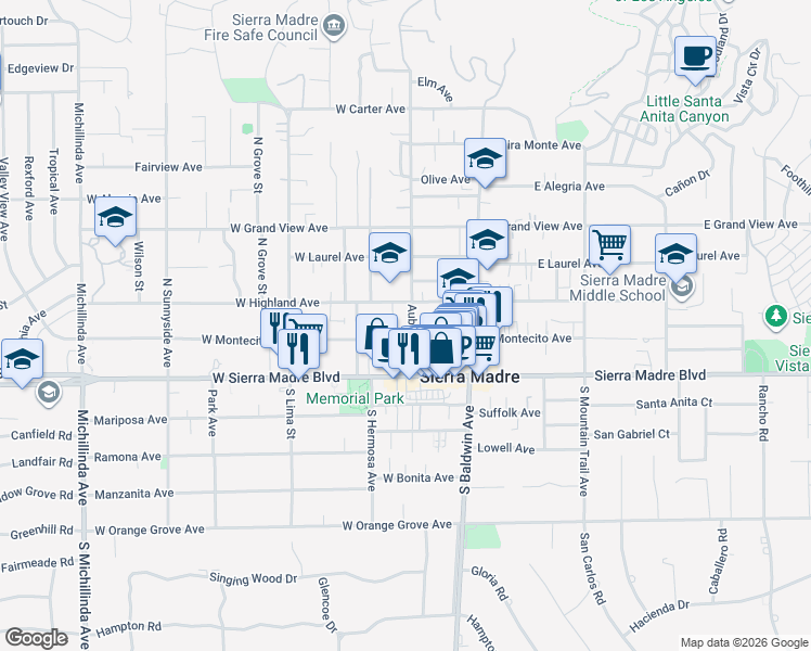map of restaurants, bars, coffee shops, grocery stores, and more near 87 Auburn Avenue in Sierra Madre