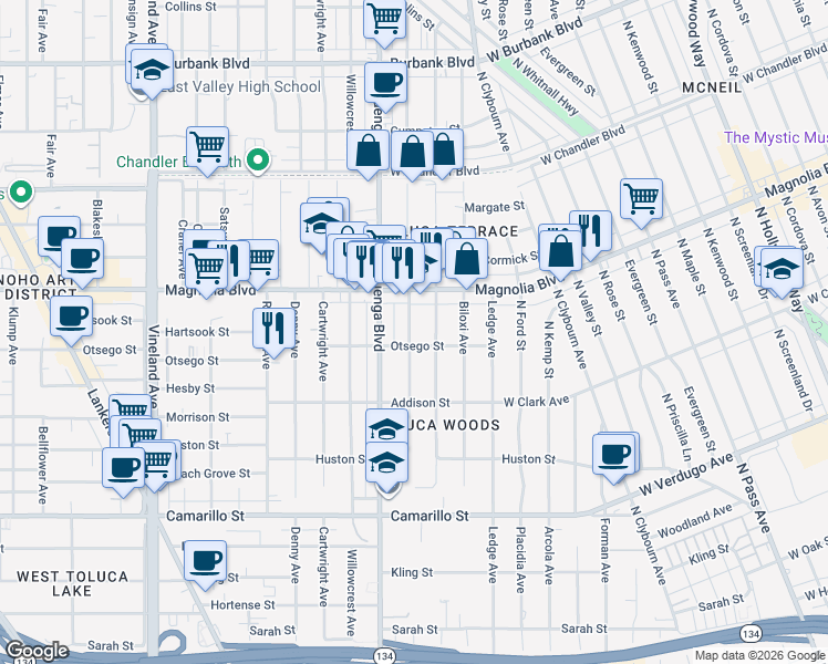 map of restaurants, bars, coffee shops, grocery stores, and more near 5127 Auckland Avenue in Los Angeles