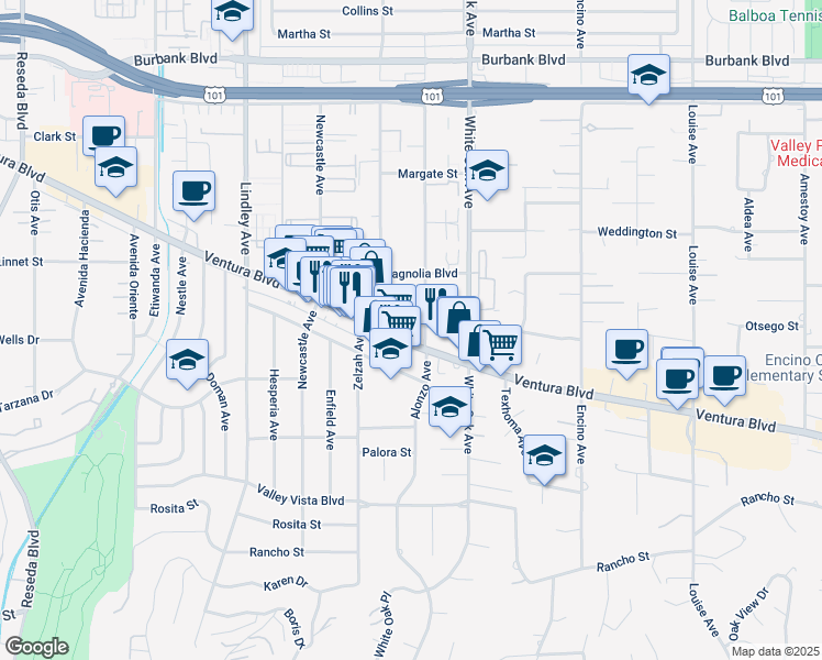map of restaurants, bars, coffee shops, grocery stores, and more near 17815 Ventura Boulevard in Los Angeles