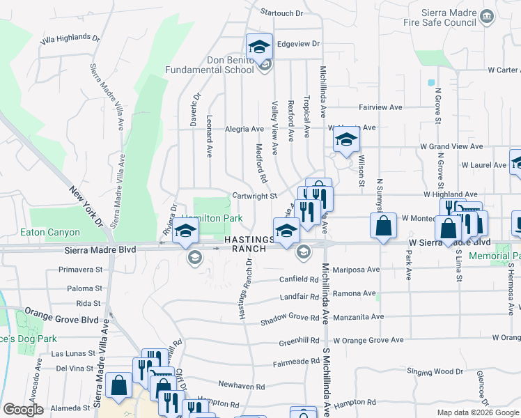 map of restaurants, bars, coffee shops, grocery stores, and more near 1000 Hastings Ranch Drive in Pasadena