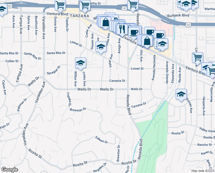 map of restaurants, bars, coffee shops, grocery stores, and more near 18730 Canasta Street in Los Angeles