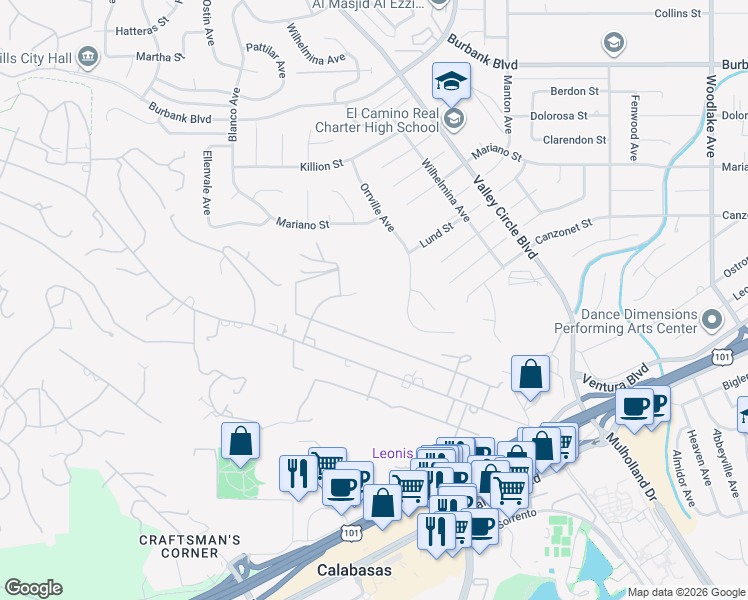 map of restaurants, bars, coffee shops, grocery stores, and more near 5541 Paradise Valley Road in Hidden Hills