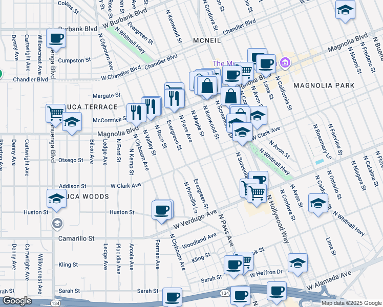 map of restaurants, bars, coffee shops, grocery stores, and more near 821 North Pass Avenue in Burbank