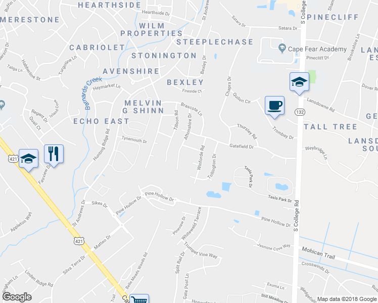 map of restaurants, bars, coffee shops, grocery stores, and more near 132 Clairidge Drive in Wilmington