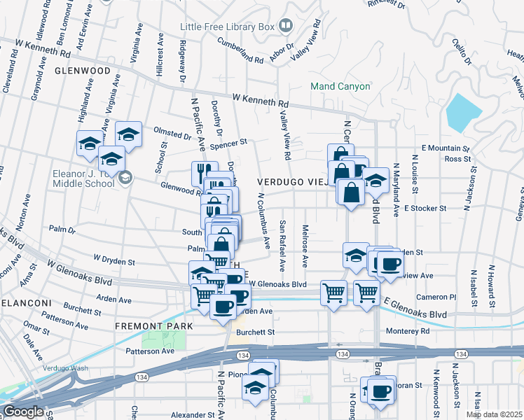 map of restaurants, bars, coffee shops, grocery stores, and more near N Columbus Ave & W Stocker St in Glendale