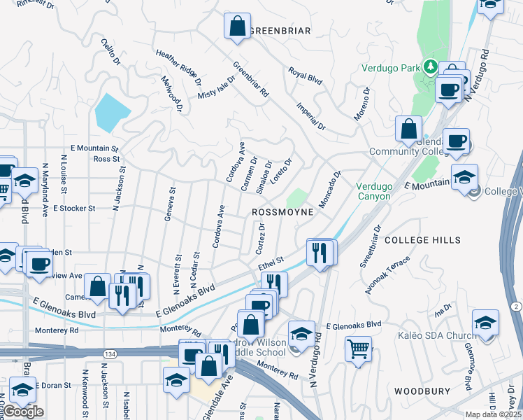 map of restaurants, bars, coffee shops, grocery stores, and more near 1240 Rossmoyne Avenue in Glendale