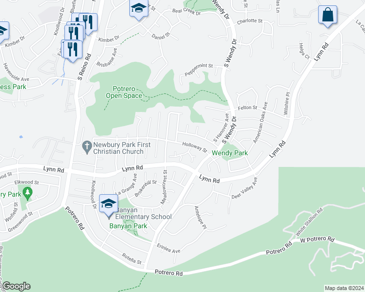 map of restaurants, bars, coffee shops, grocery stores, and more near 3380 Holloway Street in Thousand Oaks