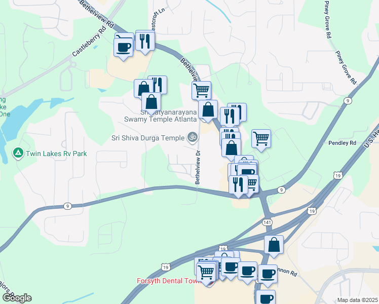 map of restaurants, bars, coffee shops, grocery stores, and more near 2611 Bethelview Drive in Cumming