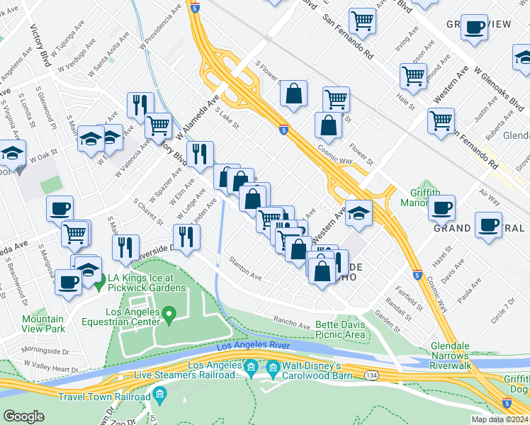 map of restaurants, bars, coffee shops, grocery stores, and more near 316 Irving Avenue in Glendale