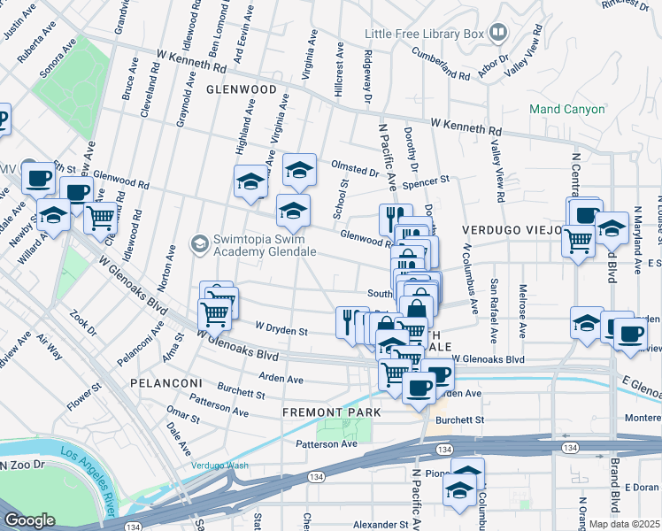 map of restaurants, bars, coffee shops, grocery stores, and more near 600 West Stocker Street in Glendale