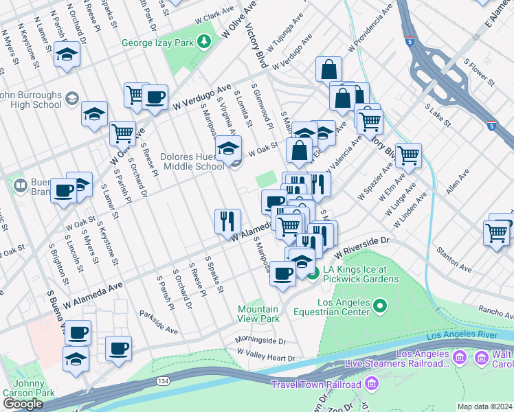 map of restaurants, bars, coffee shops, grocery stores, and more near 525 South Shelton Street in Burbank
