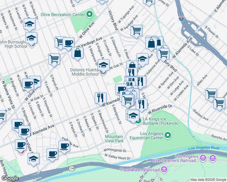 map of restaurants, bars, coffee shops, grocery stores, and more near 517 South Shelton Street in Burbank