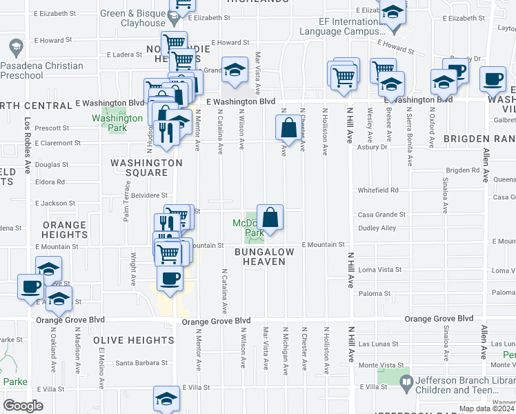 map of restaurants, bars, coffee shops, grocery stores, and more near 1127 Bell Street in Pasadena