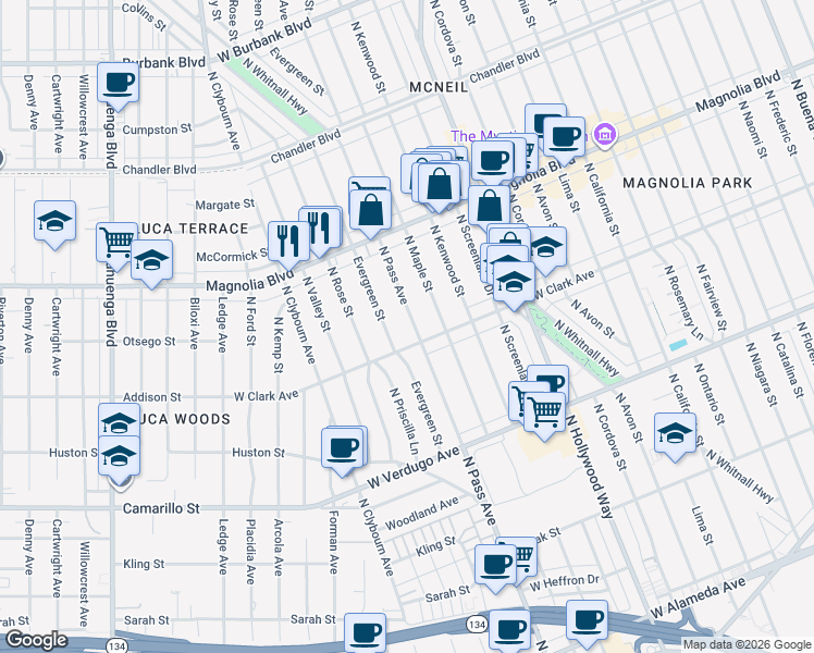 map of restaurants, bars, coffee shops, grocery stores, and more near 821 North Pass Avenue in Burbank