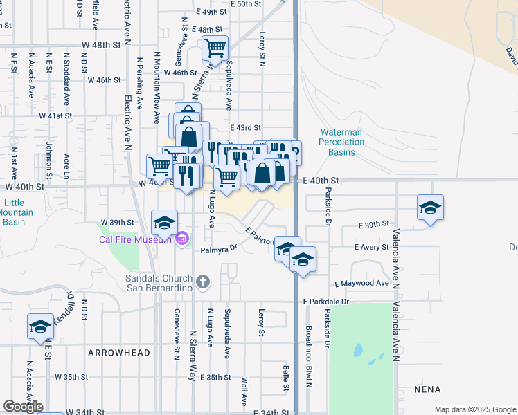 map of restaurants, bars, coffee shops, grocery stores, and more near 253 Sonora Drive in San Bernardino