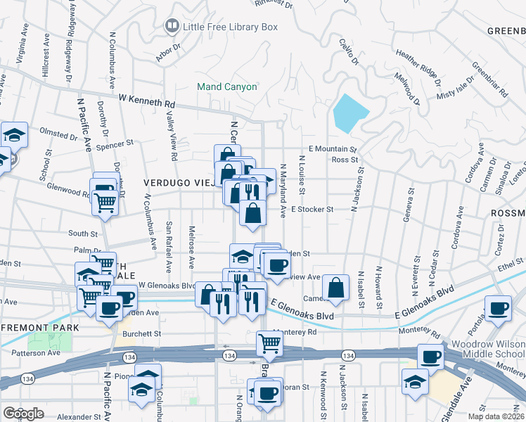 map of restaurants, bars, coffee shops, grocery stores, and more near 120 West Stocker Street in Glendale