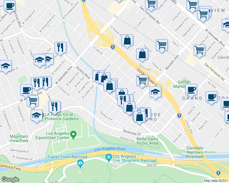 map of restaurants, bars, coffee shops, grocery stores, and more near 324 Irving Avenue in Glendale