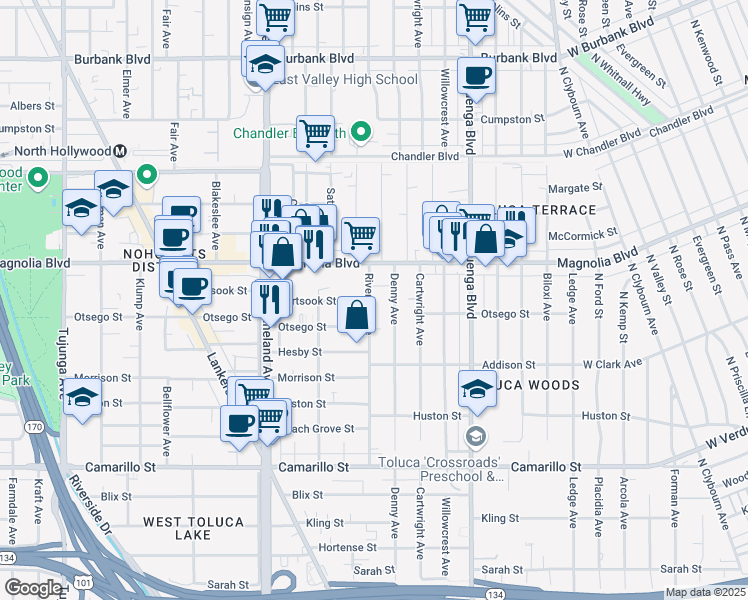 map of restaurants, bars, coffee shops, grocery stores, and more near 5147 Denny Avenue in Los Angeles