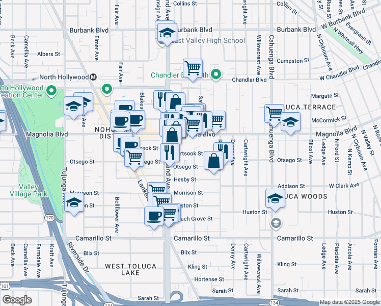 map of restaurants, bars, coffee shops, grocery stores, and more near 10859 Hartsook Street in Los Angeles