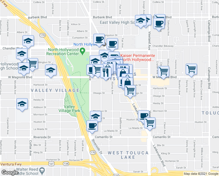 map of restaurants, bars, coffee shops, grocery stores, and more near 5130 Klump Avenue in Los Angeles