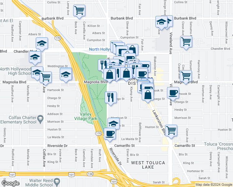 map of restaurants, bars, coffee shops, grocery stores, and more near 5142 Tujunga Avenue in Los Angeles