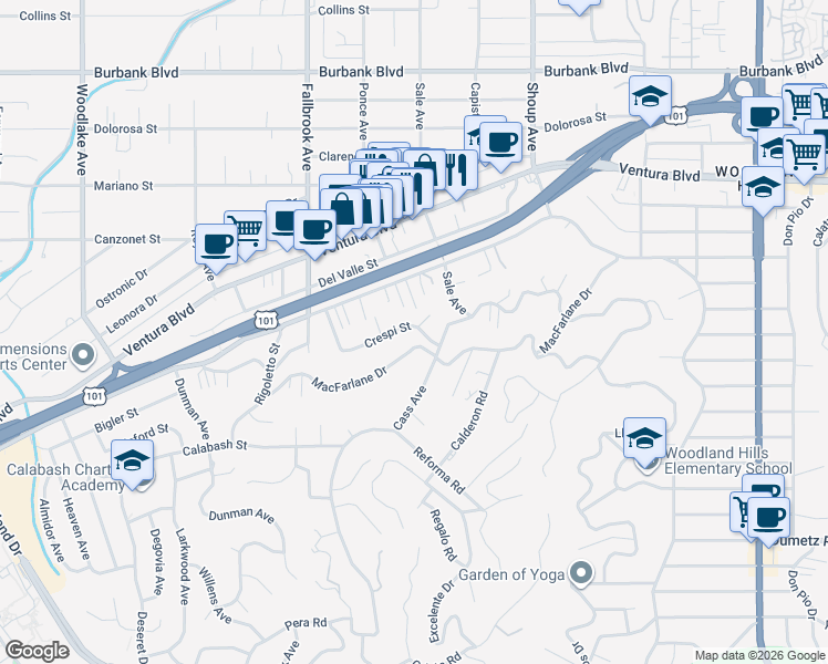 map of restaurants, bars, coffee shops, grocery stores, and more near 22629 Crespi Street in Los Angeles