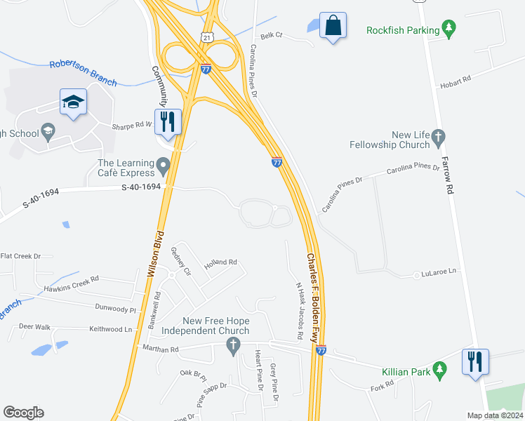 map of restaurants, bars, coffee shops, grocery stores, and more near 2051 Blythewood Crossing Lane in Blythewood