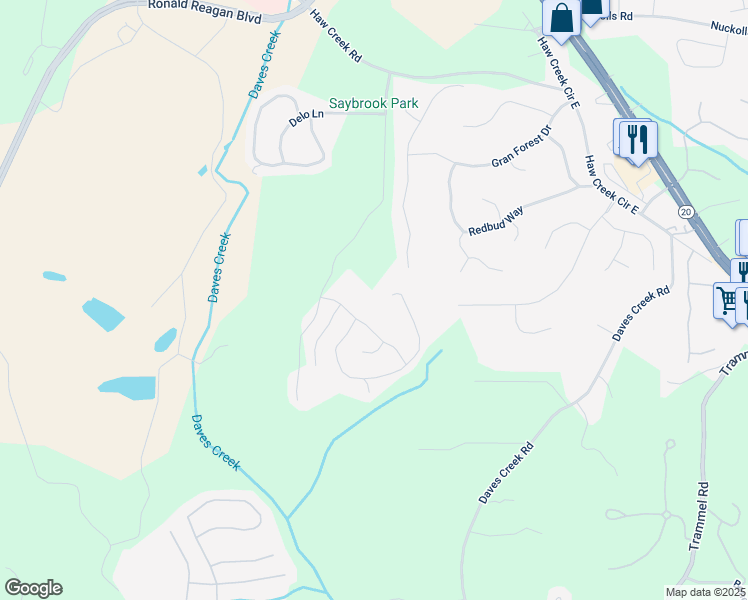 map of restaurants, bars, coffee shops, grocery stores, and more near 2020 Walking Horse Trail in Cumming