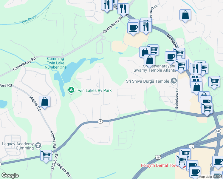 map of restaurants, bars, coffee shops, grocery stores, and more near 3067 Kentmere Drive in Cumming