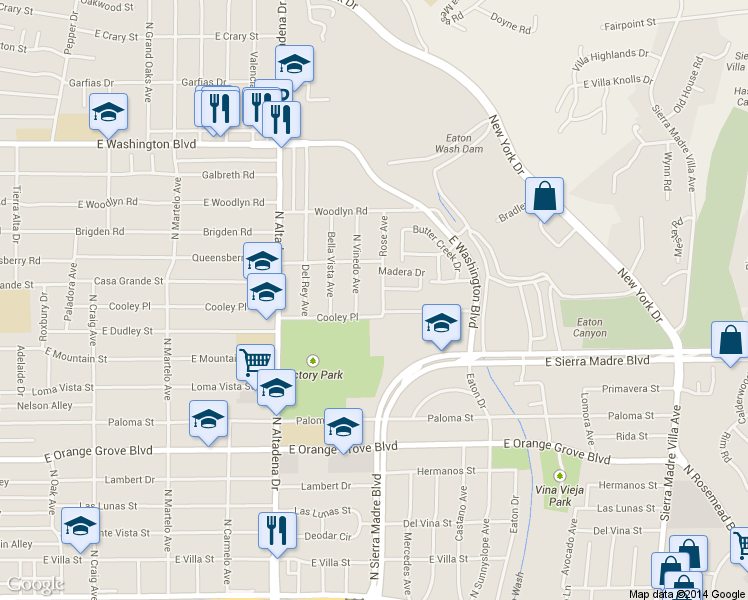 map of restaurants, bars, coffee shops, grocery stores, and more near 1007 Rose Avenue in Pasadena