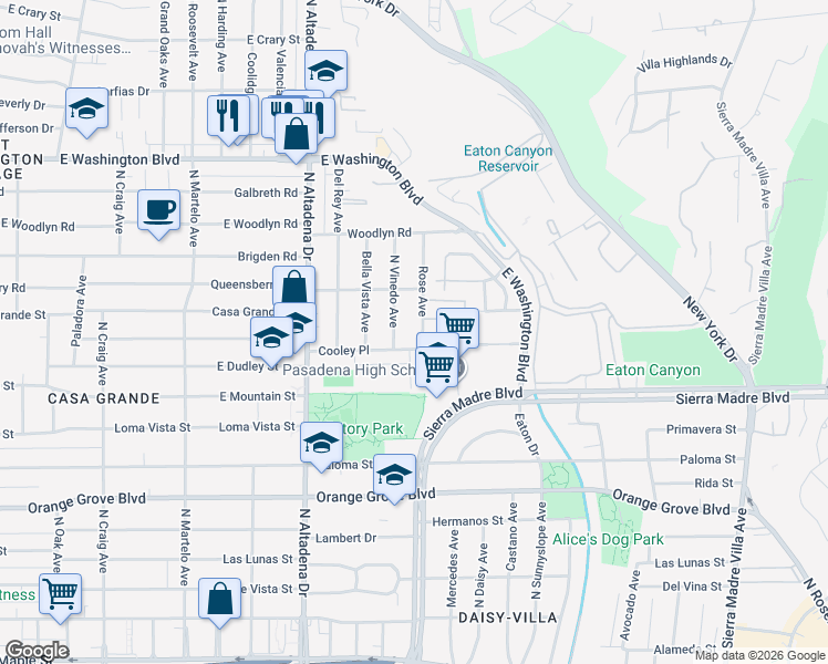 map of restaurants, bars, coffee shops, grocery stores, and more near 1007 Rose Avenue in Pasadena