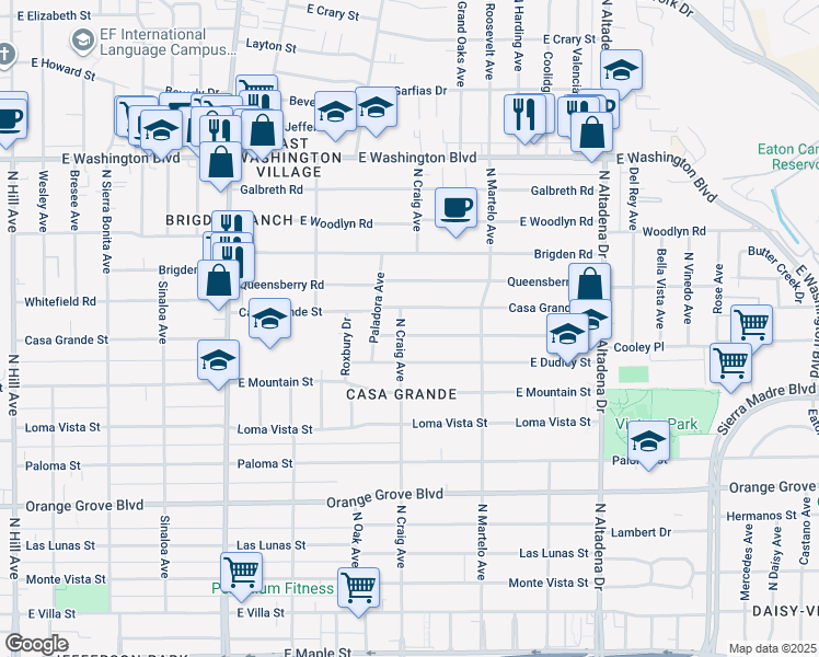 map of restaurants, bars, coffee shops, grocery stores, and more near 2147 Cooley Place in Pasadena