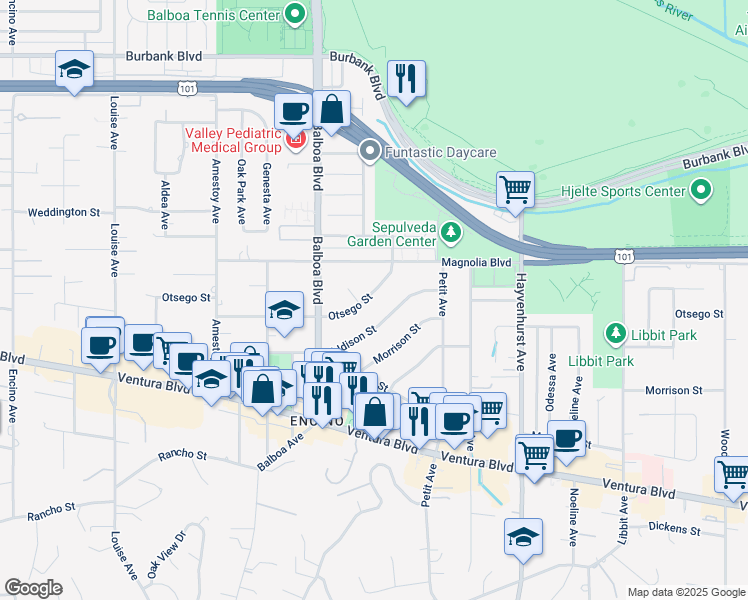 map of restaurants, bars, coffee shops, grocery stores, and more near 16766 Otsego Street in Los Angeles