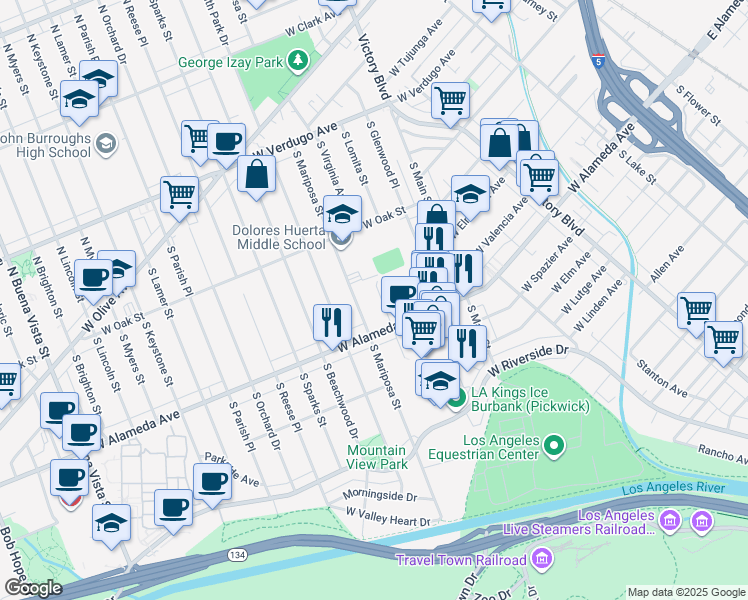 map of restaurants, bars, coffee shops, grocery stores, and more near 525 South Shelton Street in Burbank