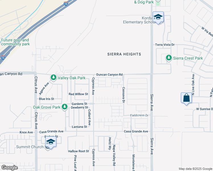 map of restaurants, bars, coffee shops, grocery stores, and more near 16573 Bottlebrush Lane in Fontana