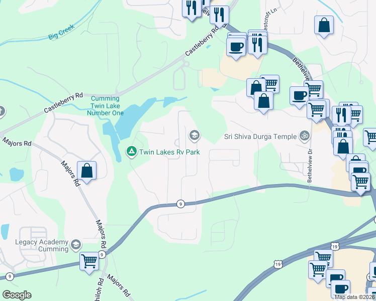 map of restaurants, bars, coffee shops, grocery stores, and more near 3067 Kentmere Drive in Cumming
