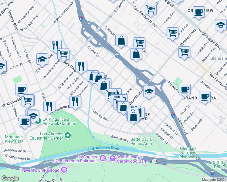 map of restaurants, bars, coffee shops, grocery stores, and more near 329 Thompson Avenue in Glendale