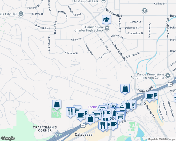 map of restaurants, bars, coffee shops, grocery stores, and more near 5541 Paradise Valley Road in Hidden Hills