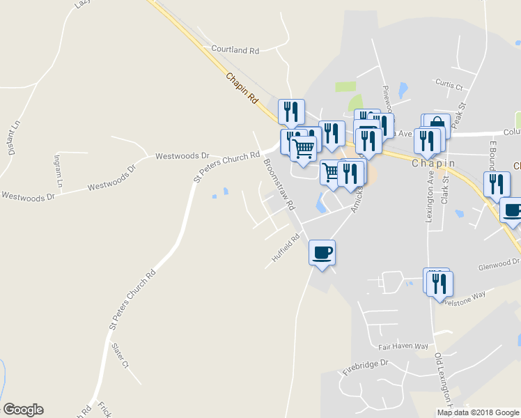map of restaurants, bars, coffee shops, grocery stores, and more near 205 Turkey Ridge Court in Chapin