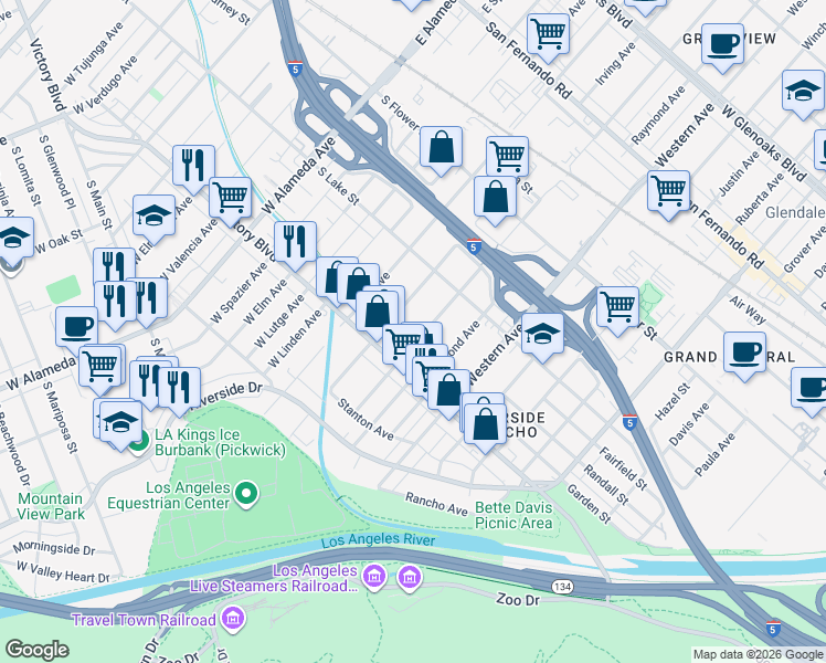 map of restaurants, bars, coffee shops, grocery stores, and more near 329 Thompson Avenue in Glendale