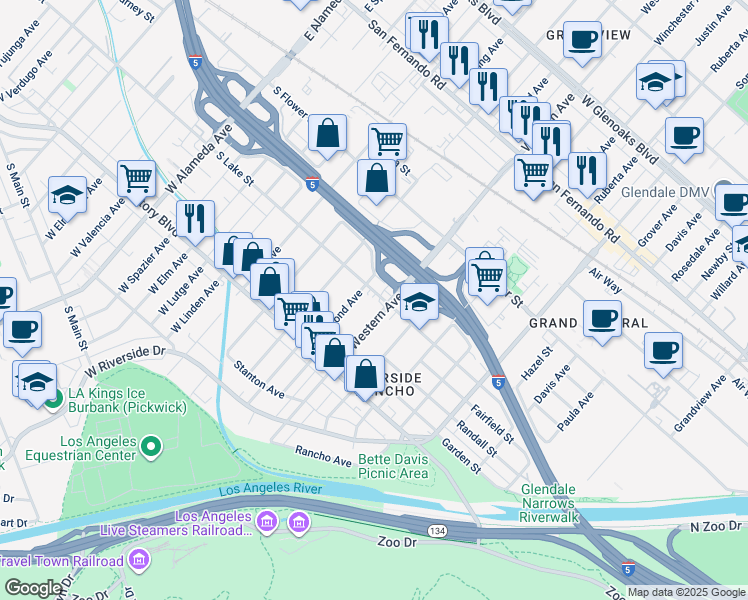 map of restaurants, bars, coffee shops, grocery stores, and more near 1710 Lake Street in Glendale